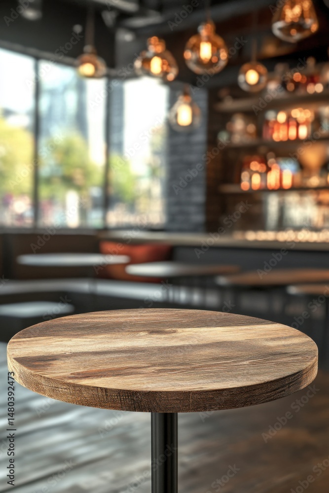 Poster rustic wood tabletop in cafe setting with blurred background and warm lighting for product mockup