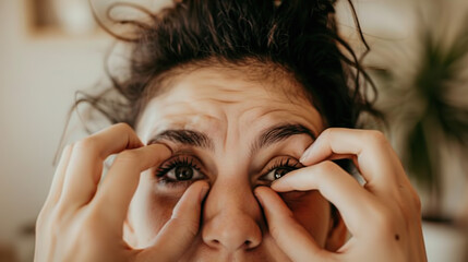 Obraz premium Exhausted young woman rubbing tired eyes with visible dark circles and messy hair, feeling sleepy and fatigued at home or office. Stress, insomnia and burnout concept.