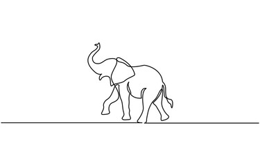 Continuous line of walking standing elephant. Single one line art of wild elephant, Elephant continuous one line drawing. Editable stroke on a white isolated background.