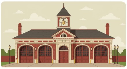 Classic Brick Fire Station Building Exterior Illustration