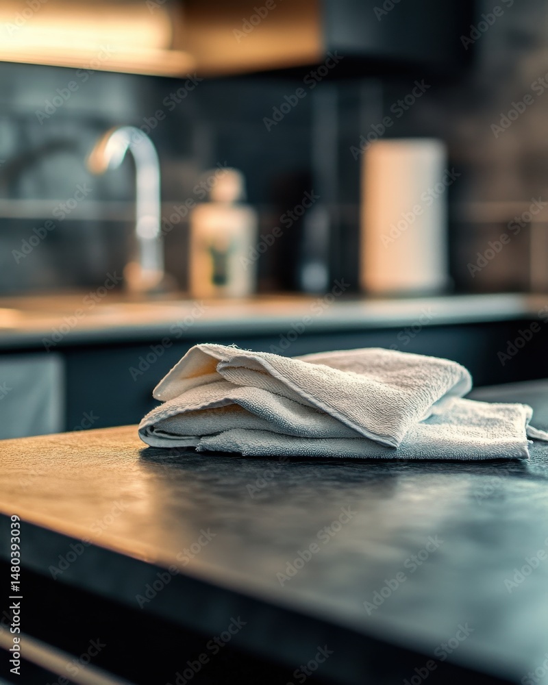 Poster a neatly folded stack of white towels on a modern kitchen countertop, creating a clean and inviting 