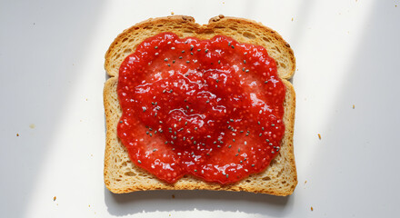 Toast With Homemade Raspberry Chia Seed Jam On Bright White Background