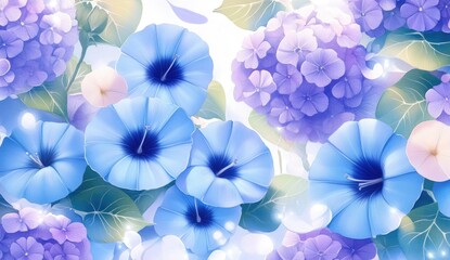 Delicate pastel flowers, light blue morning glories and lavender hydrangeas, soft and dreamy.  Botanical illustration, floral design,  vibrant colors, gentle tones