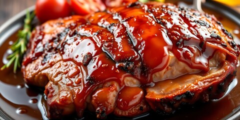 Perfectly roasted duck breast, glistening with a rich golden honey glaze, crispy skin, vibrant