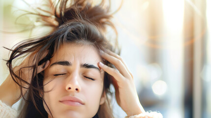 Fototapeta premium Exhausted young woman rubbing tired eyes with visible dark circles and messy hair, feeling sleepy and fatigued at home or office. Stress, insomnia and burnout concept.