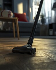 A sleek, modern vacuum cleaner in action, highlighting its design against a cozy living room setting.