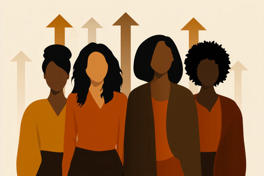 Stylized illustration of four diverse women standing together with upward arrows in the background, symbolizing empowerment, progress and leadership. Minimalist design in warm tones.