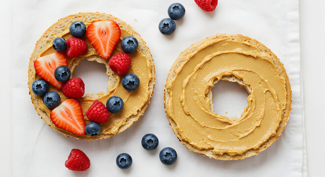 Bagels Topped With Peanut Butter and Fresh Summer Berries For Breakfast