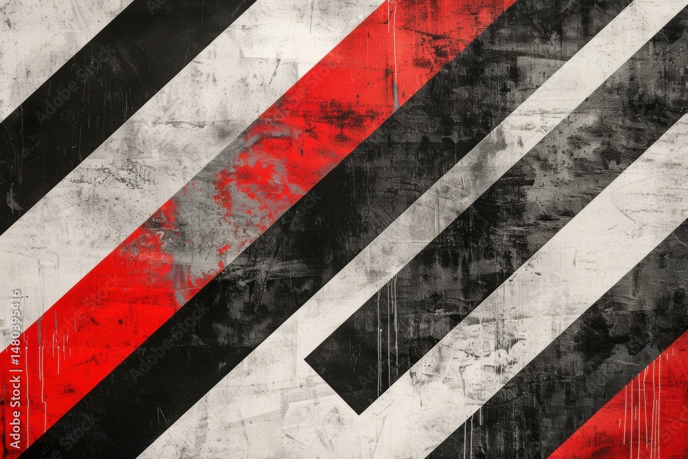 Poster abstract design with bold diagonal lines and red accents on textured canvas
