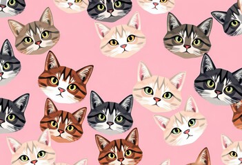 Pink background, seamless vector pattern of cute cat faces, ample empty space, stock, cats