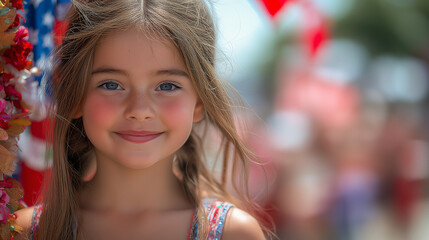 Fototapeta premium Smiling Girl in Patriotic Dress – Independence Day USA Celebration | Fourth of July Parade Joy