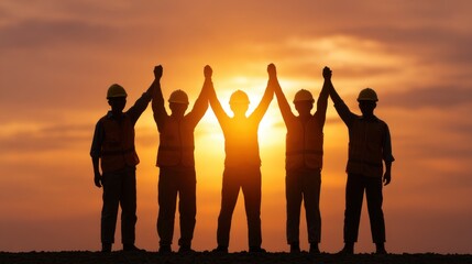 Team Celebrating at Sunset Group of Workers Raising Arms