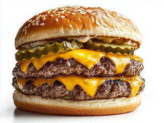Delicious double cheeseburger with pickles dripping melted cheese on sesame seed bun