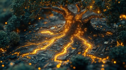 Ancient digital tree, glowing roots on circuit board