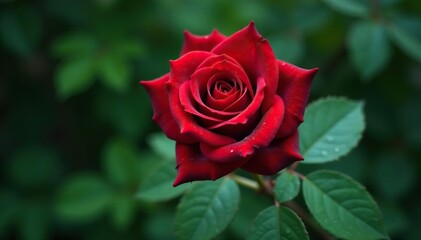 Velvet red rose, dew drops, lush green leaves, romantic, color, beauty