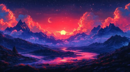 Sunset over a mountain valley with vivid colors