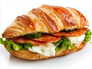 Delicious croissant sandwich with ham, cheese, lettuce, and pickles on white background