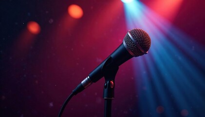 Close-up of microphone on stage with jazz notes, texture, melody, night
