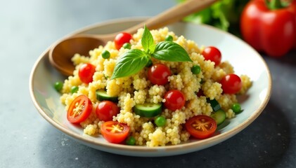 Quinoa salad with bell peppers, tomatoes, and cucumbers on a plate with a wooden spoon, cucumbers, bell peppers, salad