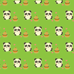 Adorable Pandas with Burgers on Green Background