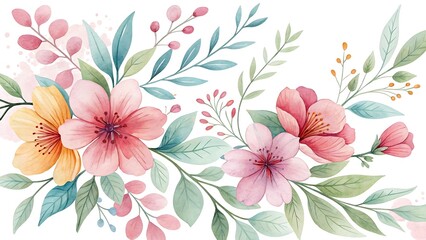 Obraz premium Watercolor Floral Arrangement with Pink and Yellow Blossoms and Green Leaves