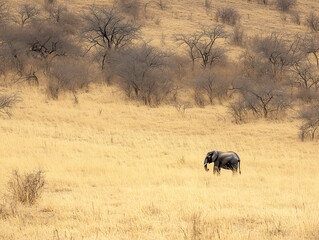 Fototapeta premium Solitary elephant grazing in the dry african savanna