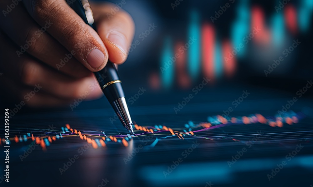 Poster analyzing stock market trends with graphs and data at a desk