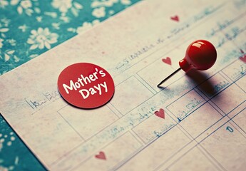 A calendar page marked for Mother's Day.  Red circle sticker, decorative hearts, and a push pin.  Vintage style