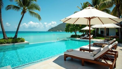 Luxury umbrella resort poolside, vibrant turquoise water, sun loungers, tranquil scene , loungers, sea, serene