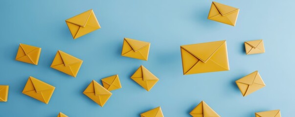 Multiple yellow envelopes are scattered on a light blue background, symbolizing communication and mail.