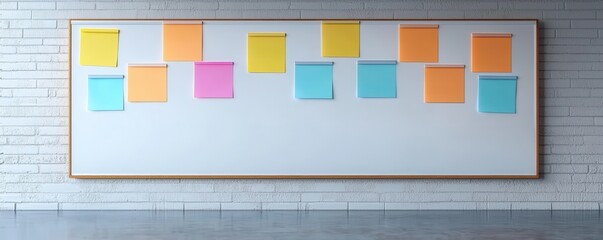 A whiteboard with colorful sticky notes is displayed against a white brick wall in a modern room.