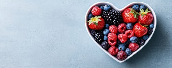 A heart-shaped bowl filled with assorted fresh berries sits on a light blue surface, symbolizing healthy eating and love.