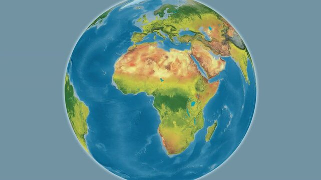 Cameroon on the globe. Outline. Topographic map. No labels
