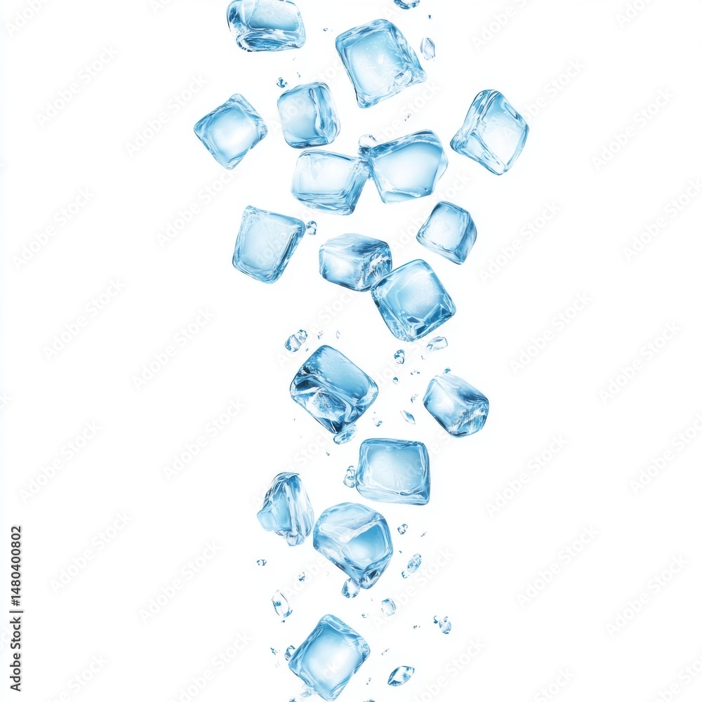 Poster ice cubes falling in a vertical line on white background studio shot for summer drink concept and re
