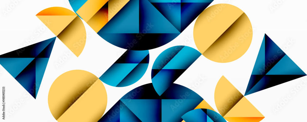 Poster Abstract geometric composition. Blue, yellow shapes overlap, creating dynamic visual texture. Minimalist design, clean lines, modern aesthetic.