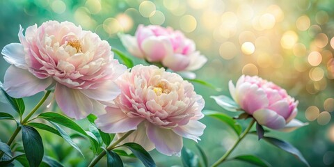 Fototapeta premium Opal-inspired peony flowers with shimmering metallic sheen and delicate petals in soft pastel hues amidst lush green foliage , iridescent, romantic
