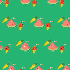 Kawaii Watermelon, Carrot & Ice Cream seamless pattern
