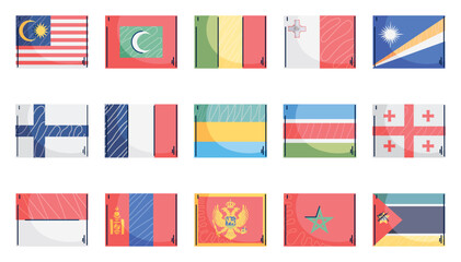 Flat Style Vector Set of 15 Colorful National Flags Representing Countries from Different Continents with Minimalist Design