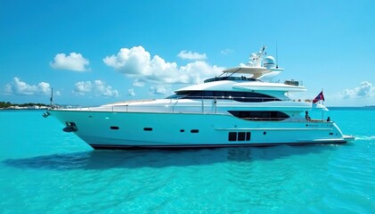 Luxury yacht at anchor, clear turquoise water, ship, sun, vessel