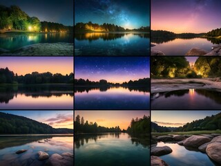 Tranquil River Landscapes at Sunset and Night