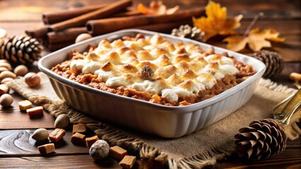 A freshly baked casserole topped with toasted marshmallow fluff, nestled in a rustic setting with natural elements.