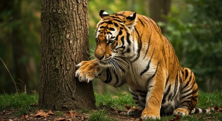 Obraz premium Tiger Resting Near Tree (Photo)