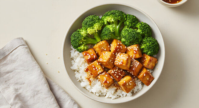 Healthy Tofu Bowl With Broccoli And Rice On White Background Flat Lay