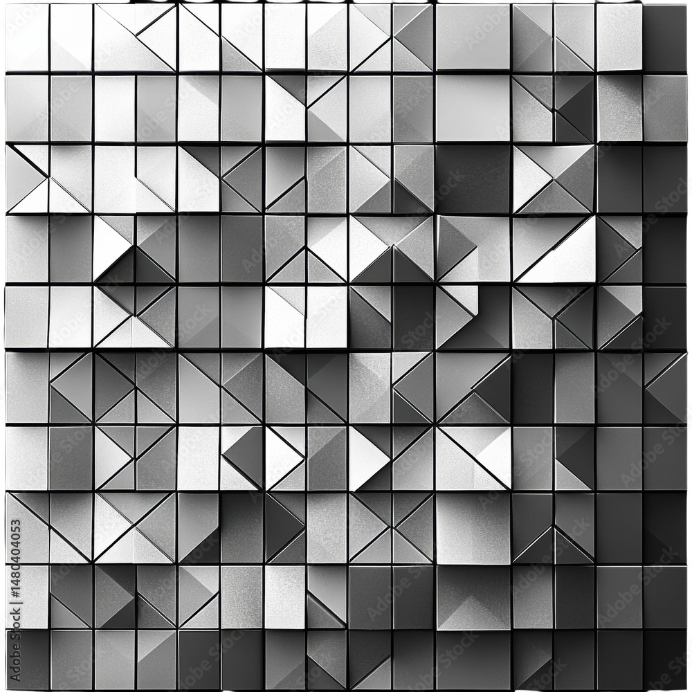 Poster abstract grayscale geometric mosaic tile pattern intricate triangular on transparent background