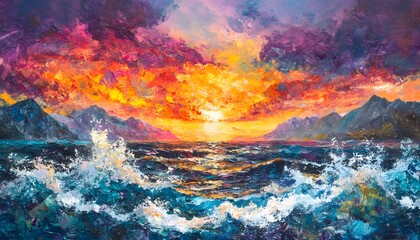 Naklejka premium Dramatic sunset over a turbulent sea, painted in vibrant hues.