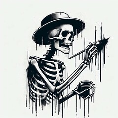 Skeleton Artist in Hat Painting with Dripping Paint