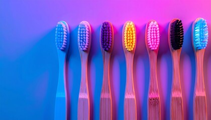 Colorful Bamboo Toothbrushes Arranged on Background with Modern Lighting in Vibrant Shades