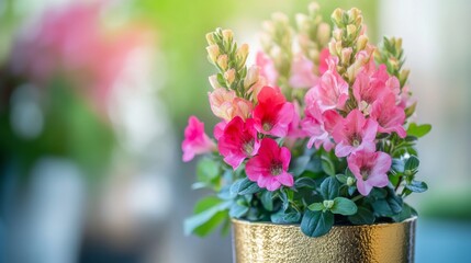 Obraz premium Vibrant pink and red snapdragon flowers in golden pot for elegant home decor