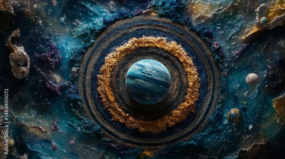 Poster cosmic artwork depicting a planet encircled by golden rings within a nebula.