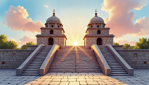 Twin temples of Templo Mayor illuminated by sunrise with clear skies  